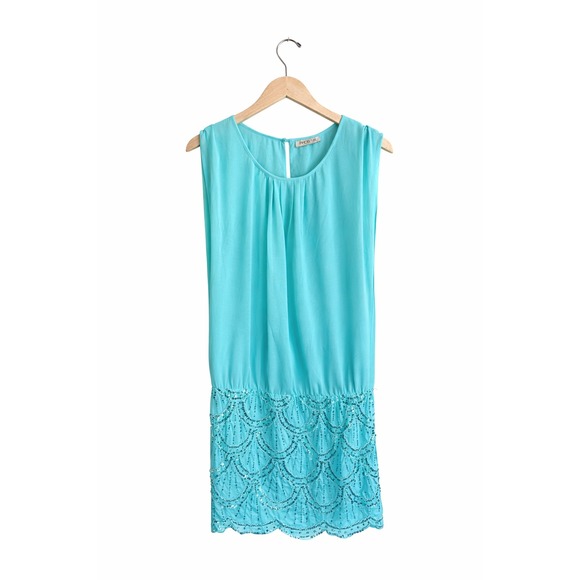 Arden B Dresses & Skirts - Arden B Turquoise Blue Sequin Scallop Mini Dress Sleeveless Drop Waist